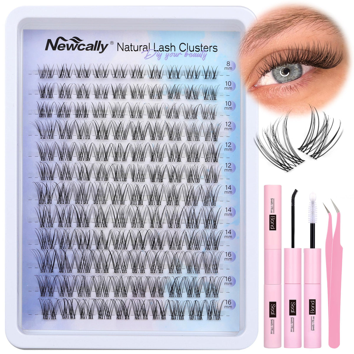 Lash Clusters Kit Natural Wispy DIY Eyelash Extension Kit 8-16MM Eyelash Clusters Kit D-curly Lash Extension Kit Thin Invisible Lash Band Individual Lashes Kit by Newcally