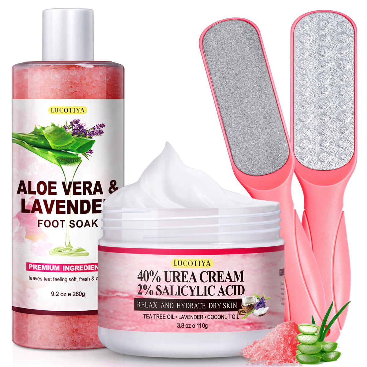 Foot Spa Soak Pedicure Kit, Aloe Lavender Foot Soak Salts, Foot File, Urea Cream for Dry, Cracked Feet - Foot Care for Women Men 