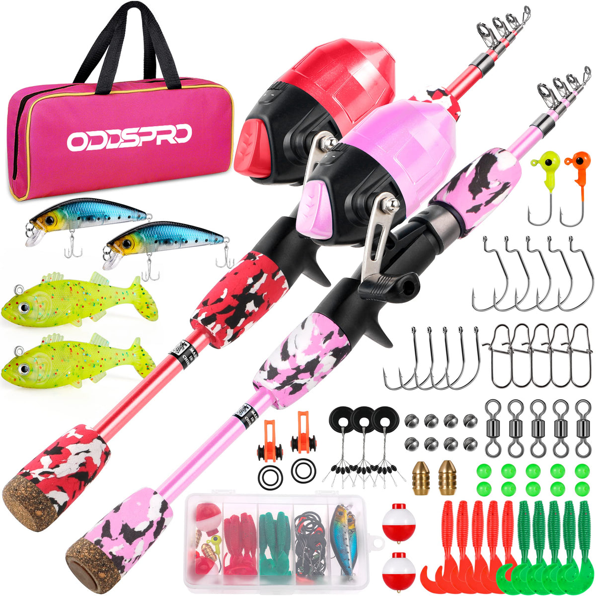 ODDSPRO Kids Fishing Pole - Kids Fishing Starter Kit - with Tackle Box, Reel, Practice Plug, Beginner's Guide and Travel Bag for Boys, Girls (2 pack (Light Pink+Red), 1.5M 4.92Ft)