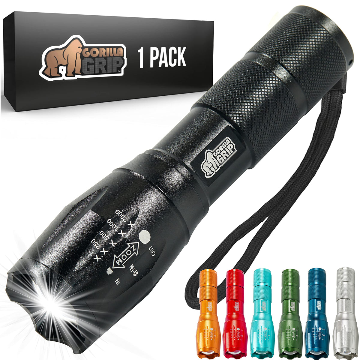 Gorilla Grip Powerful LED 750 FT Water Resistant 5 Adjustable Mode Tactical Flashlight, High Lumens Ultra Bright Battery Life Zoom Flashlights, Small Camping Car Mini Flash Light Accessories, Black