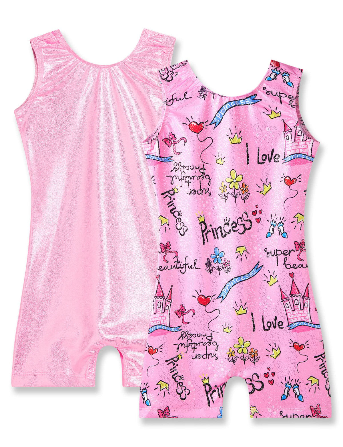 Nymphperi Girls Gymnastics Leotard Size 5-6 Years Old Shiny Classic Pink Biketard with Shorts Sparkle Scoop Neck Princess Unitards for Kids School Daily Wear