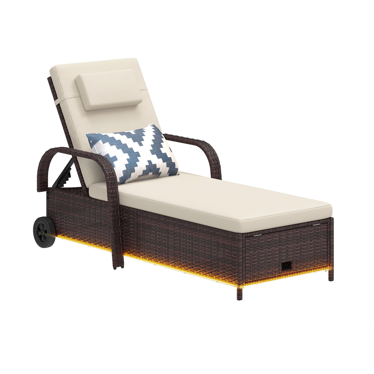 Uforic LED Outdoor Lounge Chair with 5-Level Recline, Wheels, Storage, Patio Wicker Chaise, Brown/Beige