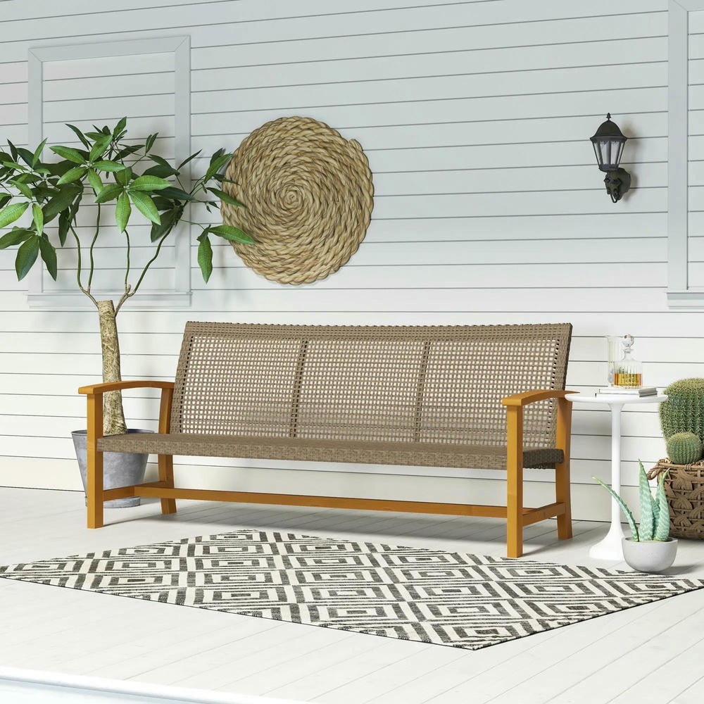 YYAo Patio Couch, Outdoor Sofa,3-Seat Wicker Outdoor Couch Patio Sofa, Acacia Wood Patio Furniture with Steel Seat Armrests, Teak