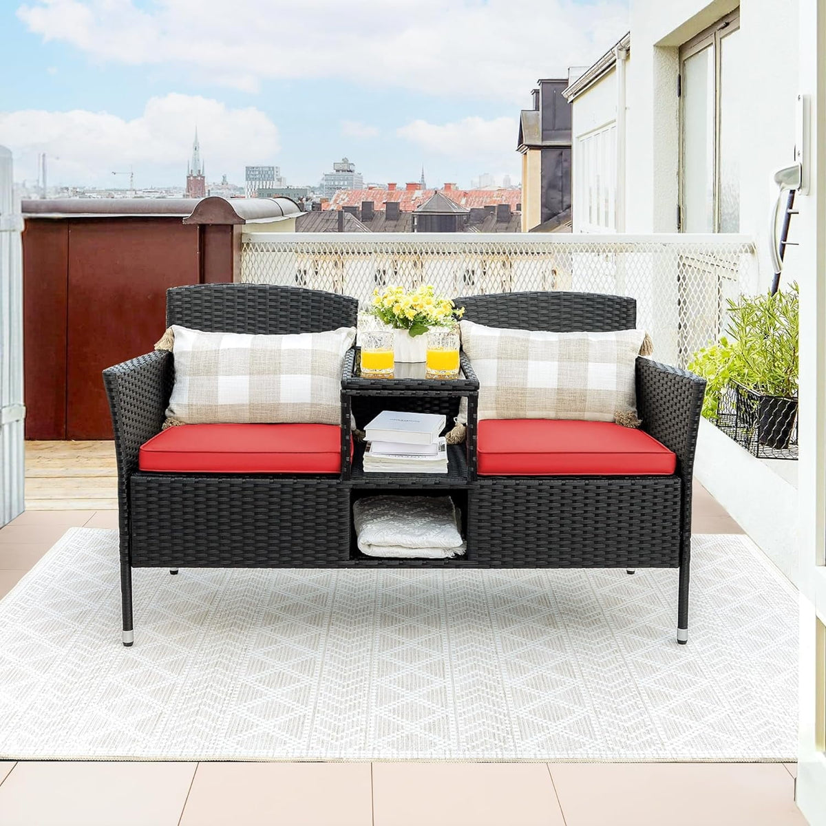 CRXX Outdoor Furniture Patio Loveseat Wicker 2-Seat with Built-in Table and Cushions Rattan Porch Chairs Bench for Balcony, Lawn, Backyard (Red)