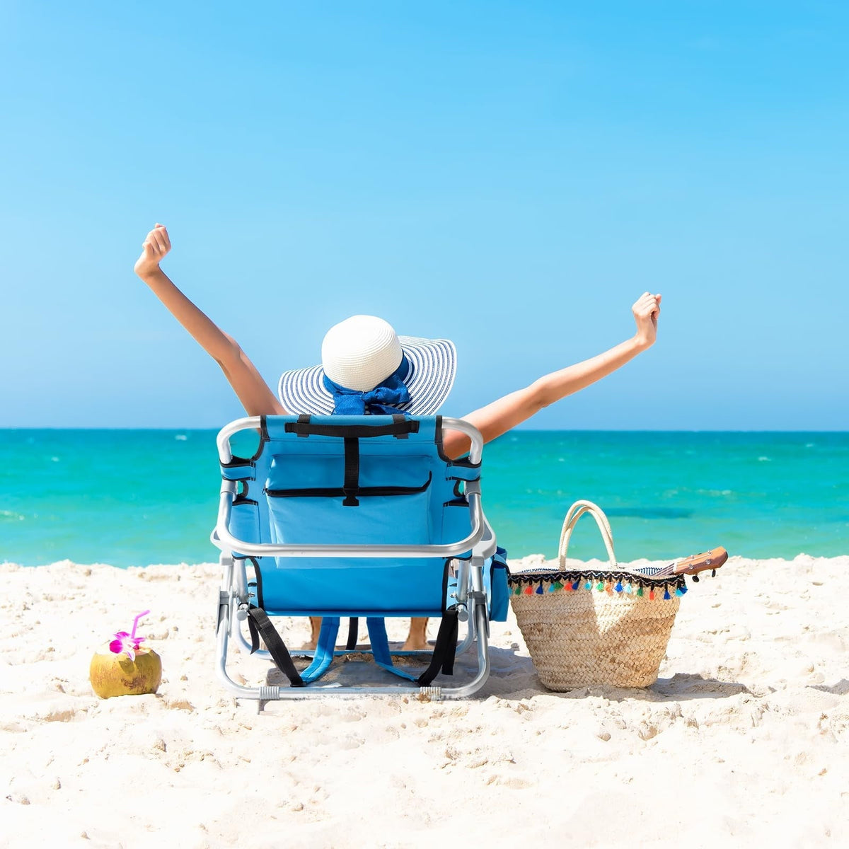 Beach Chairs with 5-Position Recline, 330lbs Folding Backpack Beach Lounge Chairs with Storage Pockets, Cup Holder & Towel Bar, Portable Aluminum Lay Flat Camping Chairs for Travel, Pool & Outdoor