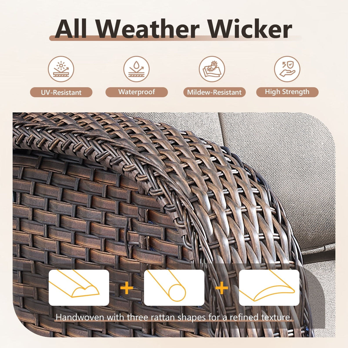 OPOHORO Outdoor Glider Chairs Set of 2, Brown Wicker Patio Furniture Swivel Rockers with T Shape-Back Cushions and 5" Thick Foam, Ideal for Porch and Yard, Beige