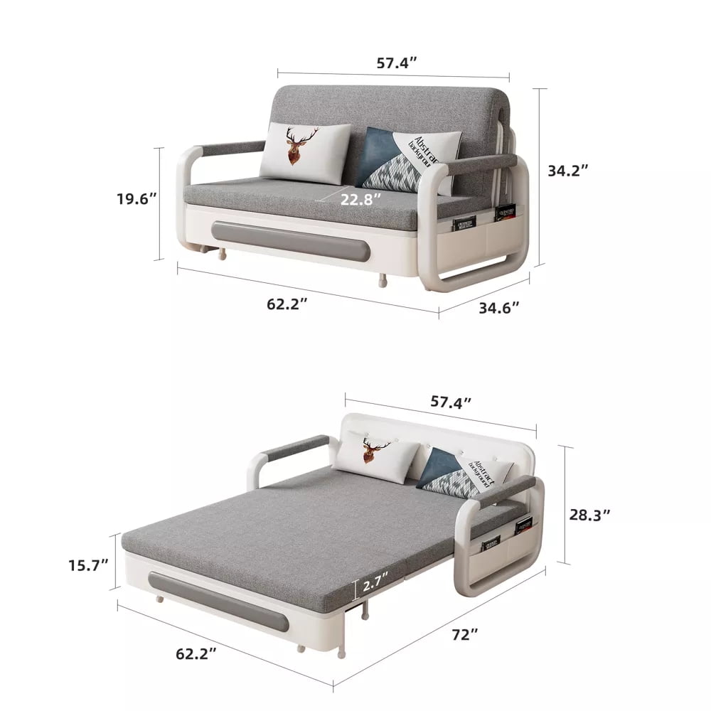 NessCarsti Outdoor Sofa Daybed with Pull-Out Trundle, Convertible Sleeper Couch for Patio or Balcony, 34.6" D x 62.2" W x 34.2" H, Gray/White