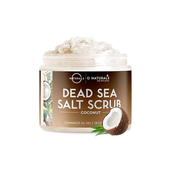 O Naturals Exfoliating Coconut Oil Dead Sea Salt Deep-Cleansing Face & Body Scrub. Anti-Cellulite Tones Helps Oily Skin, Acne, Ingrown Hairs Skin Remover. Essential Oils, Sweet Almond 18oz