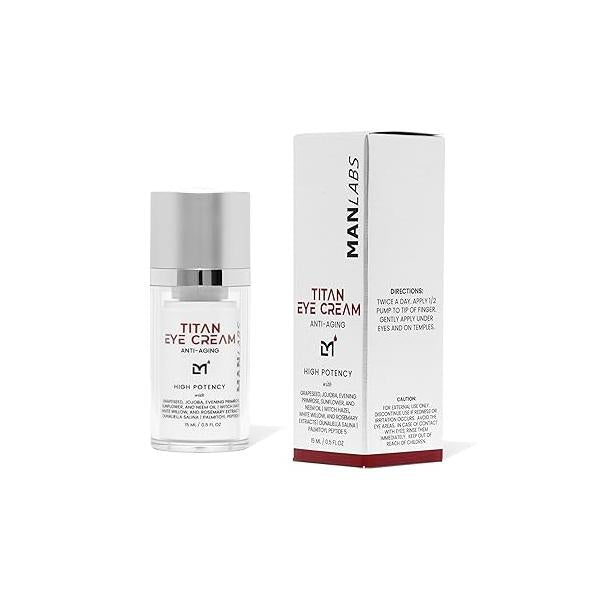 Titan Mens Eye Cream Anti Aging Bags & Dark Circle - Treatment for Men, High Potency Wrinkle Herbal Extracts, Peptides All Skin Types Unscented, 0.5 Fl Oz