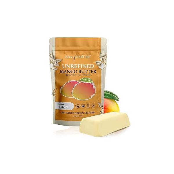 Organic Unrefined Raw Mango Body Butter Block 8oz - Moisturizing Seed Bar for Skin & Hair, DIY Lip Balm Base, Cream, Soap Lotion Making Supplies Kit, Personal Skincare