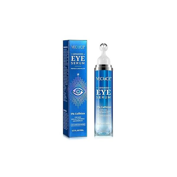 Eye Serum for Dark Circles and Puffiness, Under with 5% Caffeine Anti Aging Smooths fine lines wrinkle appearance, Cream 360° Roller Massage Ball