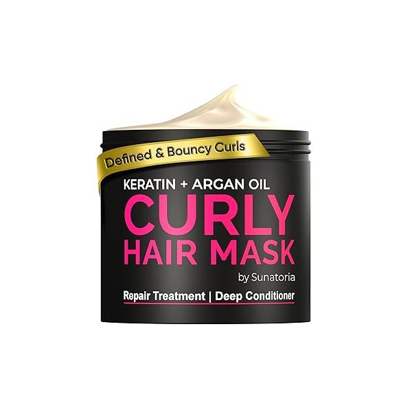 SUNATORIA Curly Hair Mask - Deep Conditioner for Natural Argan & Keratin Treatment 8.5 Fl Oz Repair, Hydrate, Moisturize Dry, Damaged, Wavy Frizzy