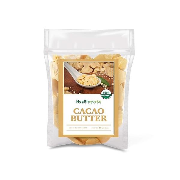 Healthworks Superfoods Organic Cacao Butter - 16 Oz / 1 Lb USDA Certified from Peru Unrefined Non-Deodorized Cocoa Sugar-Free, Keto, Vegan & Non-GMO Antioxidant Superfood