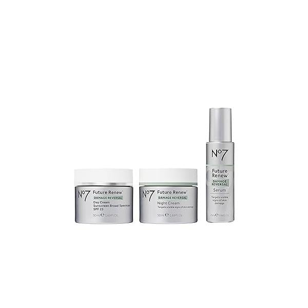 No7 Future Renew Damage Reversal Skincare Set - Anti Aging Face Serum (.33 Fl Oz), Day Cream with SPF 25 (1.69 Oz) & Night Reverses Visible Signs of Sun 3-Piece