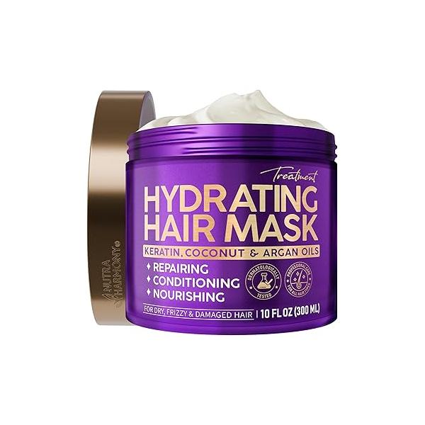 Hydrating Hair Mask - For Dry Damaged Moisturizing Keratin Treatment Argan & Coconut Oil | Biotin Collagen Deep Conditioning, Anti Frizz Product for Women Care All HairTypes, 10 Oz