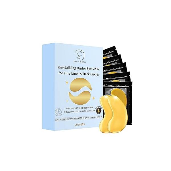 Under Eye Masks - Hydrating Patches for Puffy Eyes & Wrinkles Anti-Aging, Brightening, Vegan Clean Beauty Reduce Undereye Bags Dark Circles Women Men 20 Pairs (Gold)