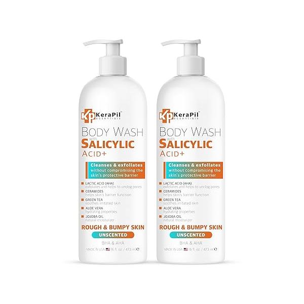 Salicylic Acid Body Wash - Skin Non-drying, Gentle Exfoliates Rough and Bumpy Skin, Acne Wash, BHA & AHA Unscented Exfoliating Made in USA (16 fl oz x 2)