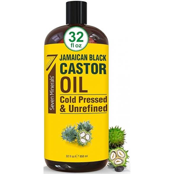 Seven Minerals, Pure Jamaican Black Castor Oil - Big 32 fl oz Bottle Unrefined & Hexane Free for Hair Growth, Thicker Eyelashes Eyebrows, Dry Skin, Healing, Care