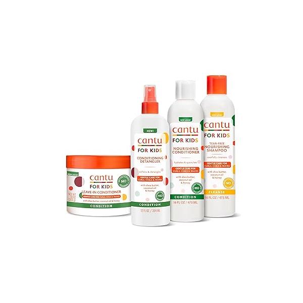 Cantu Care for Kids Haircare Regimen Set with Large Size Shampoo + Conditioner Detangler Leave-In (Pack of 4)