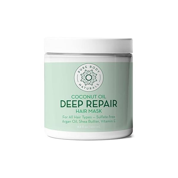 Pure Body Naturals Coconut Oil Hair Mask, Deep Conditioning Treatment for Dry Damaged and Color Treated Hair, Sulfate Free Conditioner, Moisturizes, Repairs, 8.8 Fl Oz