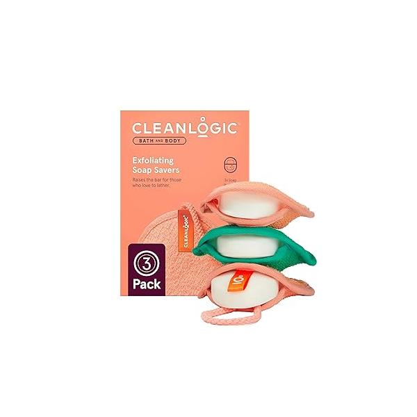 Cleanlogic Bath & Body Exfoliating Soap Saver, Exfoliator Scrubber Pouch, Daily Skincare Routine for Smooth Clean Skin, Assorted Colors, 3 Count Value Pack