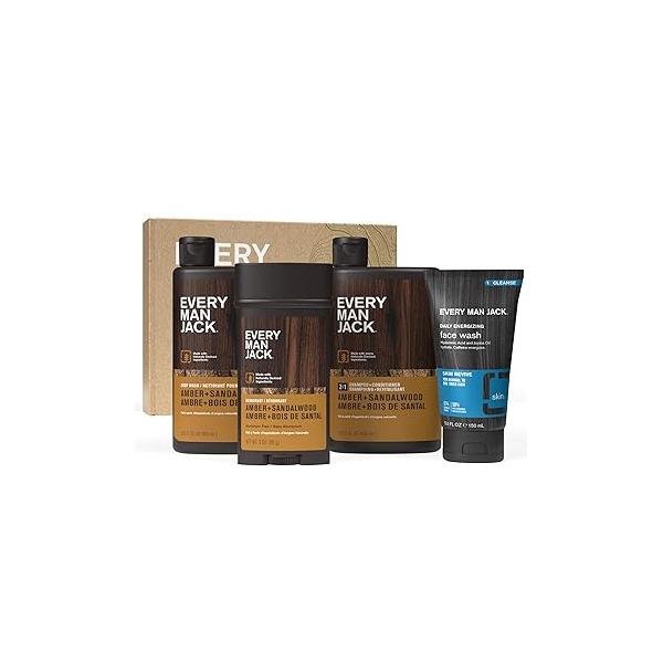 Every Man Jack Men’s Amber + Sandalwood Bath and Body Gift Set - Clean Ingredients & Sandalwood, Amber, Vetiver scent Round Out His Routine with Wash, 2-in-1 Shampoo, Deodorant Face Wash