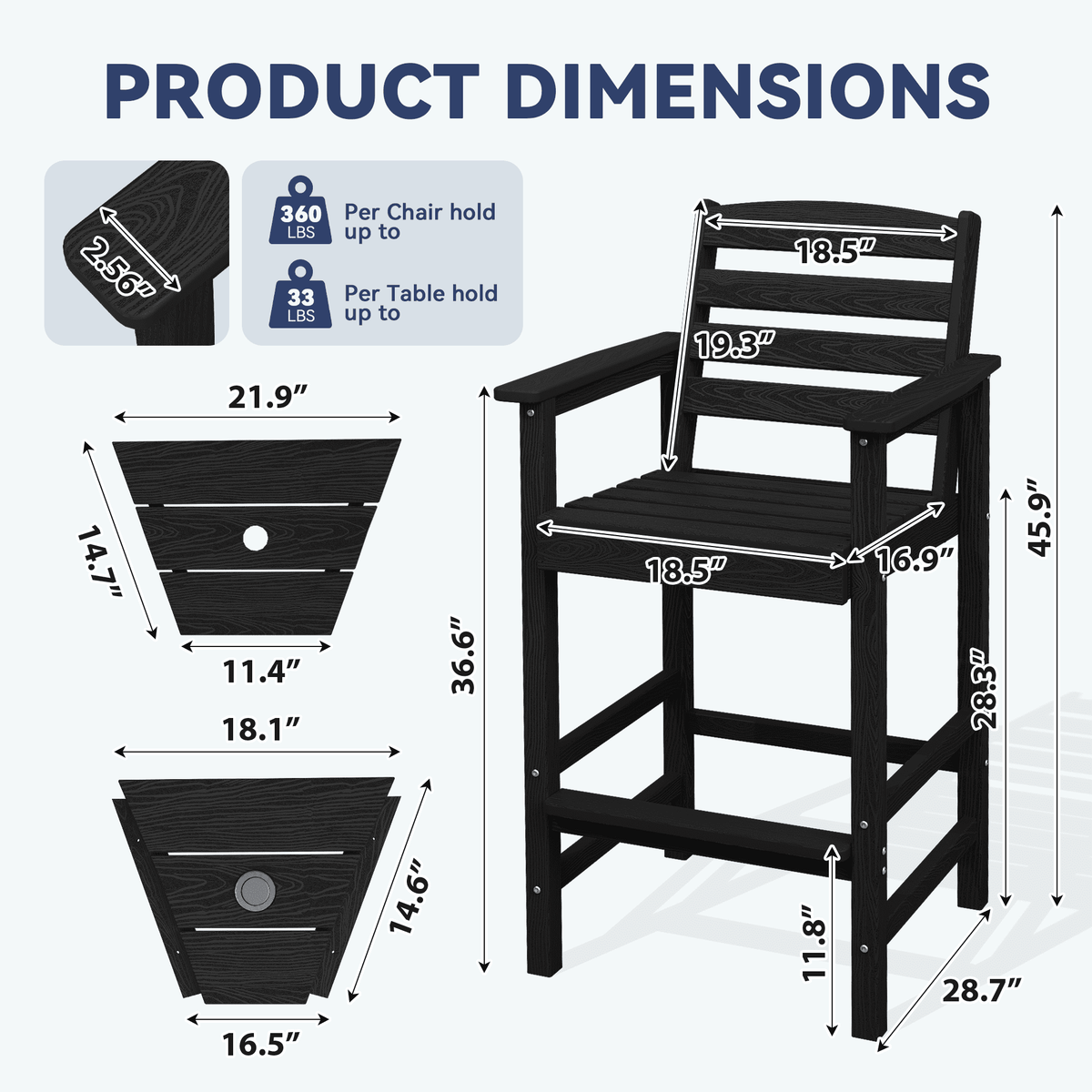 JUSTLET Tall Adirondack Chair Set of 2 with Double Connecting Tray, HDPE Outdoor Weather Resistant Patio Bar Stools for Patio, Balcony, Porch, Black