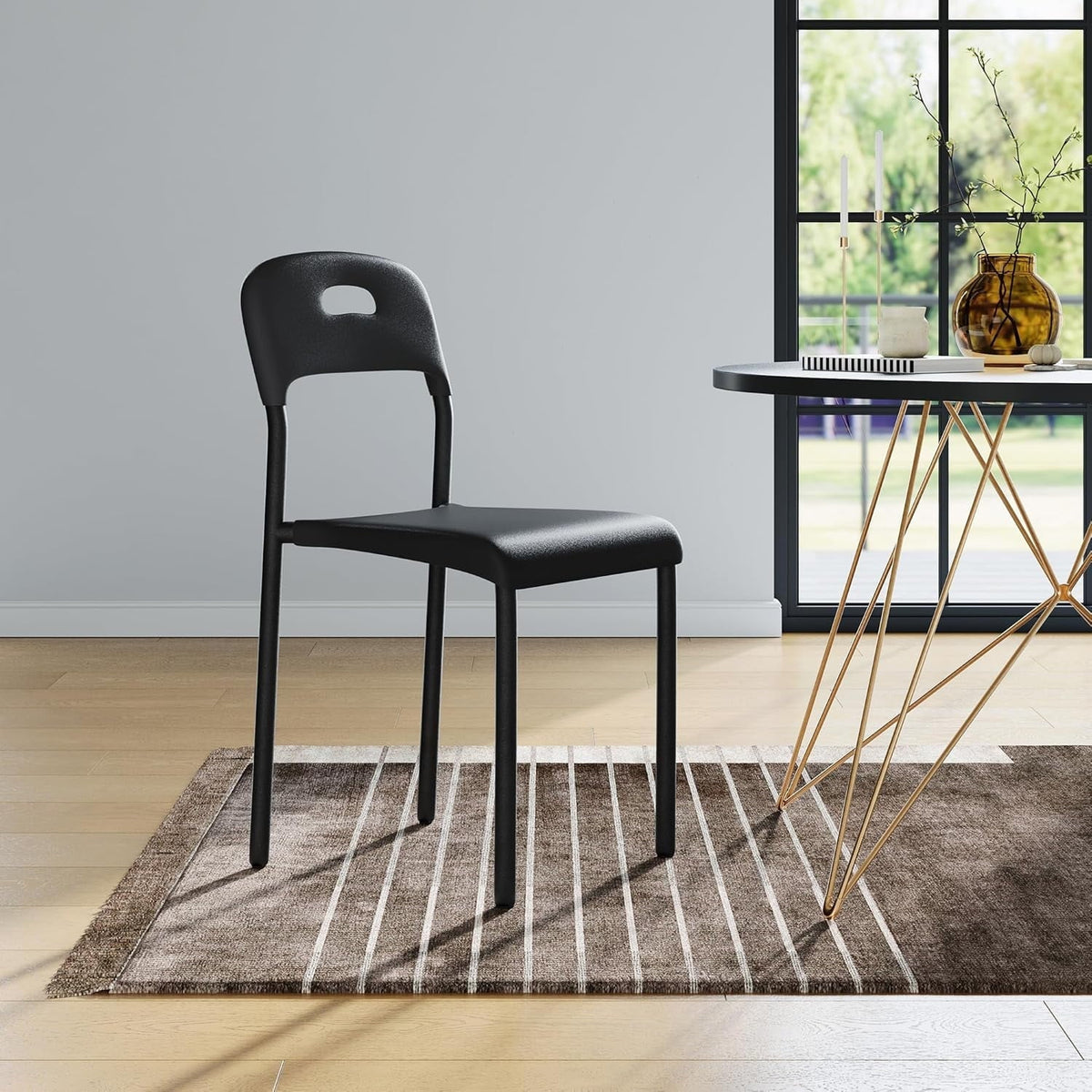 Dining Chairs, Stackable Modern Kitchen Chairs, Plastic Dining Room Chair with Metal Legs, Easy Assembly, Waterproof & Stain-Resistant, Suitable for Indoor and Outdoor, Black