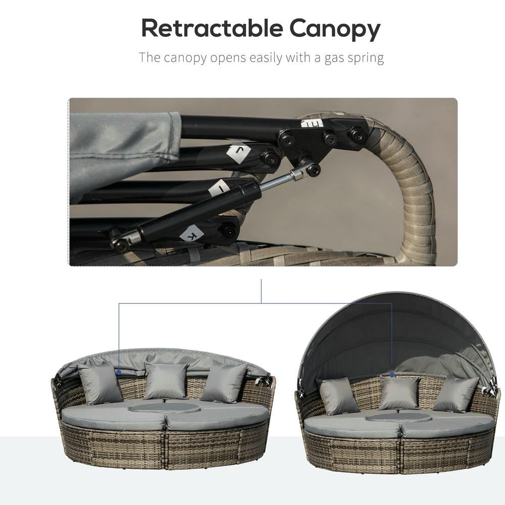 Barara King Patio Sofa Bed Set,Daybed Set,4-Piece Round Convertible Daybed, Outdoor PE Rattan Patio Wicker Sofa Set with 2 Chairs, Table, 3 Pillows, Gray
