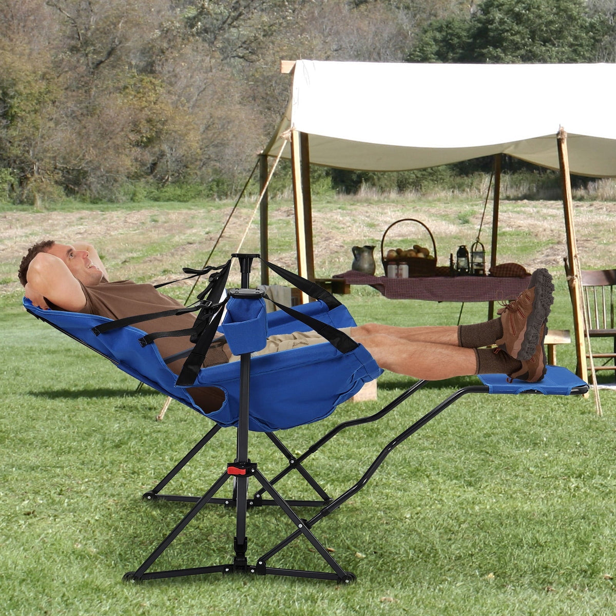 Ainfox Outdoor Hammock Camping Chair with Footrest, Foldable Portable Rocking Chairs for Adults Outside Swinging Camp with Cup Holder Pillow,Blue