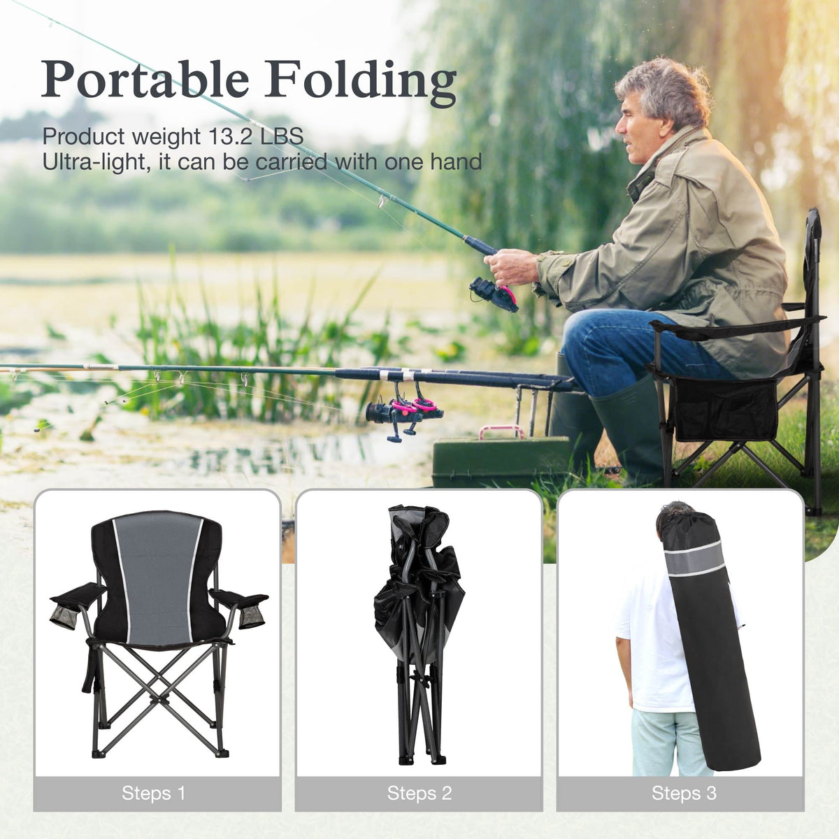 Sophia & William Oversized Camping Chair Outdoor Portable Folding Chair Heavy-Duty Steel Frame Support 350 lbs, 2 Pack, Gray
