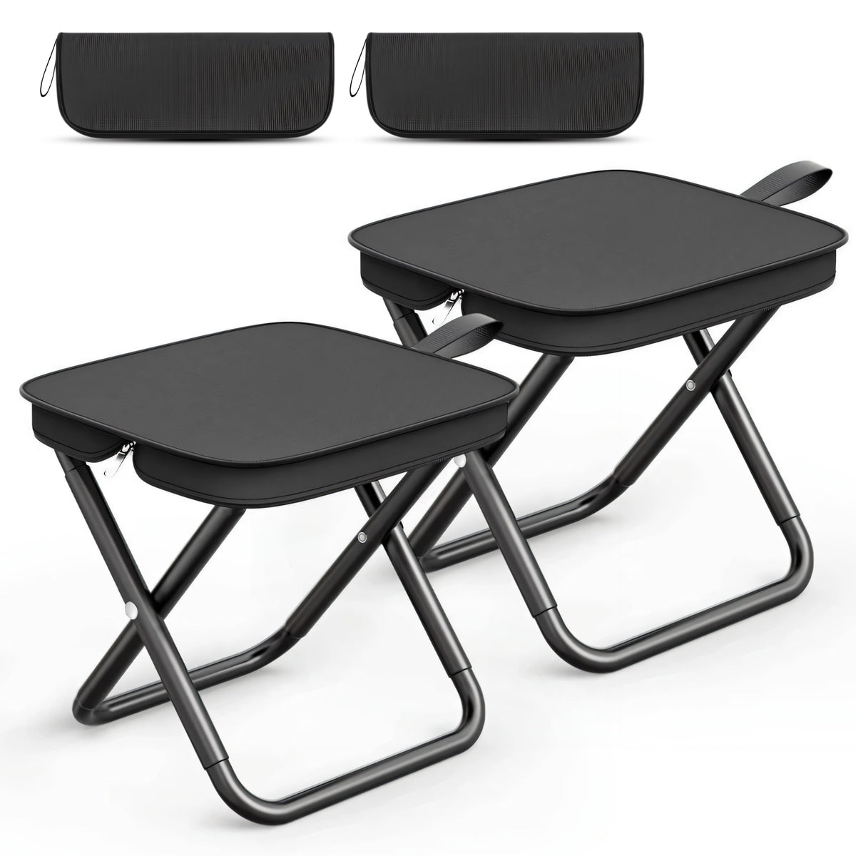 2 Pack Portable Stool with Carry Bag, 10.6 Inch Small Folding Stool for Adults, Ultralight Black Camping Stools for Picnic, Hiking and Fishing, Hold Up to 220 LBS