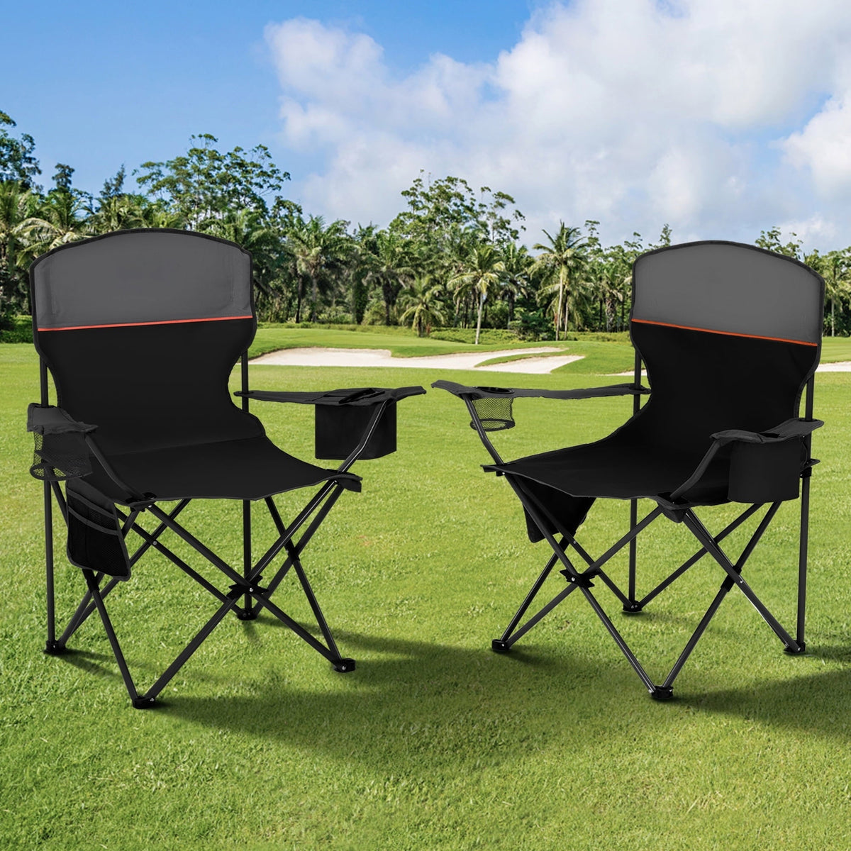 Sophia & William 2 Pack Camping Chairs Portable Outdoor Folding Chairs with Cooler Bag, Black