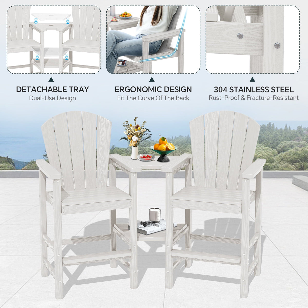 SERWALL Tall Adirondack Chairs Set of 2 with Double Layer Connecting Tray, HDPE Bar Height Outdoor Chairs, for Patio, Balcony, Porch, Pool, White