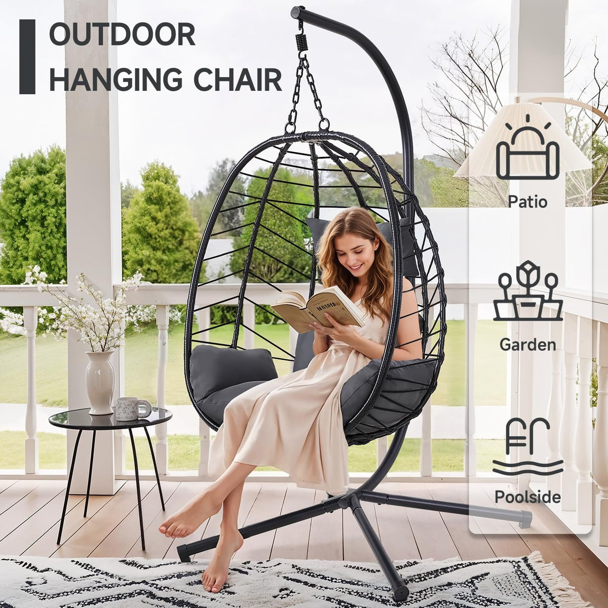 Onbrill Hanging Egg Chair with Stand, Outdoor Indoor Rattan Wicker Egg Swing Chair with Dual Chains, Dark Gray
