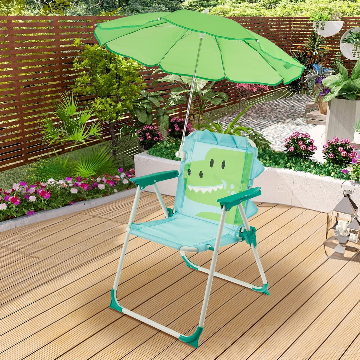 Grusce Kids Beach Chair with Sun Umbrella, Cute Animal Portable Folding Camping Chair, 40kg Capacity for Beach Outdoor Camping Picnic