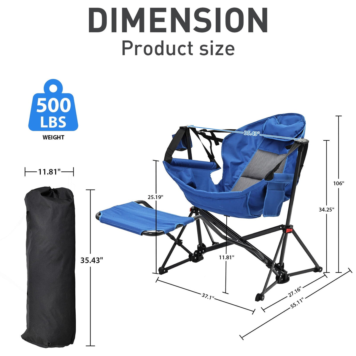 Ainfox Outdoor Hammock Camping Chair with Footrest, Foldable Portable Rocking Chairs for Adults Outside Swinging Camp with Cup Holder Pillow,Blue