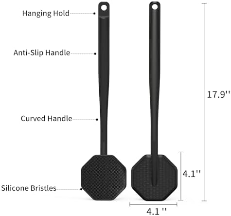 iTokGoK® Premium Silver-Infused Silicone Back Scrubber with Long Handle Back Brush for Shower,Back Brush Long Handle for Men and Women,Ergonomic No-Slip Handle, Long-Lasting (Black)