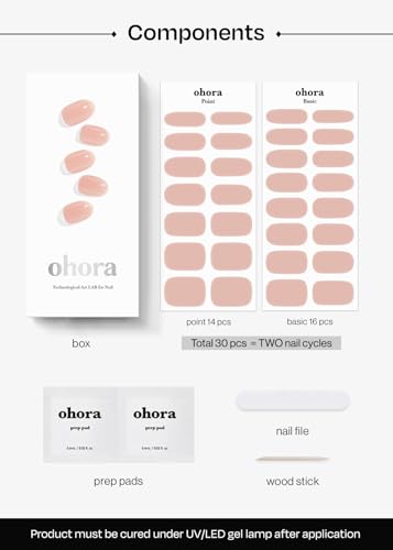 ohora Semi Cured Gel Nail Strips (N Bare Apricot) - Nude, Solid, Works with Any UV/LED Lamps, Salon-Quality, Long Lasting, Easy to Apply & Remove - Includes 2 Prep Pads, Nail File & Wooden Stick