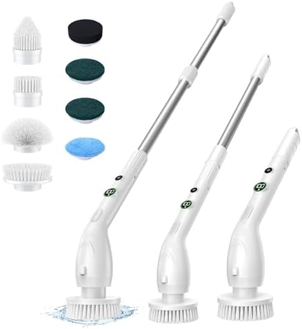 Electric Spin Scrubber, Cleaning Brush with 8 Brush Heads, IPX7 Waterproof LED Display, Adjustable Extension Handle Shower Scrubber for Bathroom Floor Tub Tile (White)