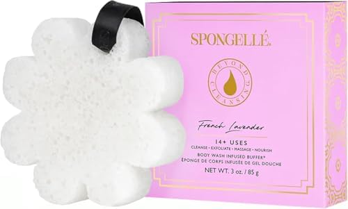 Spongelle Wild Flower Buffer Body Scrubber Bundle with Box | Bath & Shower Loofah for Women | Exfoliator with Body Wash Infused | 14+ uses (Bulgarian Rose, French Lavender, Freesia Pear)