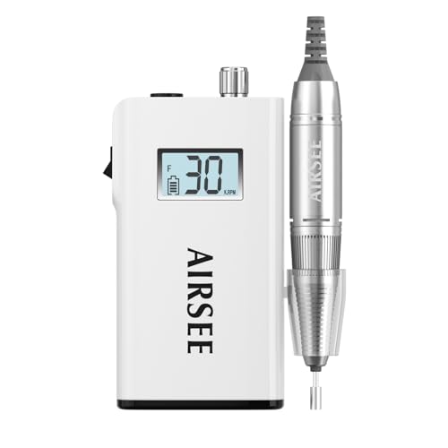 AIRSEE Rechargeable 30000RPM Electric Nail Drill Professional Portable E File Machine for Acrylic Nail Natural Extension Gel Nails Polish Cuticle, Cordless High Speed for Salon Home Use E8 White