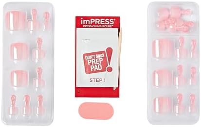 KISS imPRESS No Glue Pedi Press-On Toenails, Light Pink Nails with Pearl, Squoval Shape, Includes 24 Nails, Prep Pad, 1 Manicure Stick, 1 Mini File