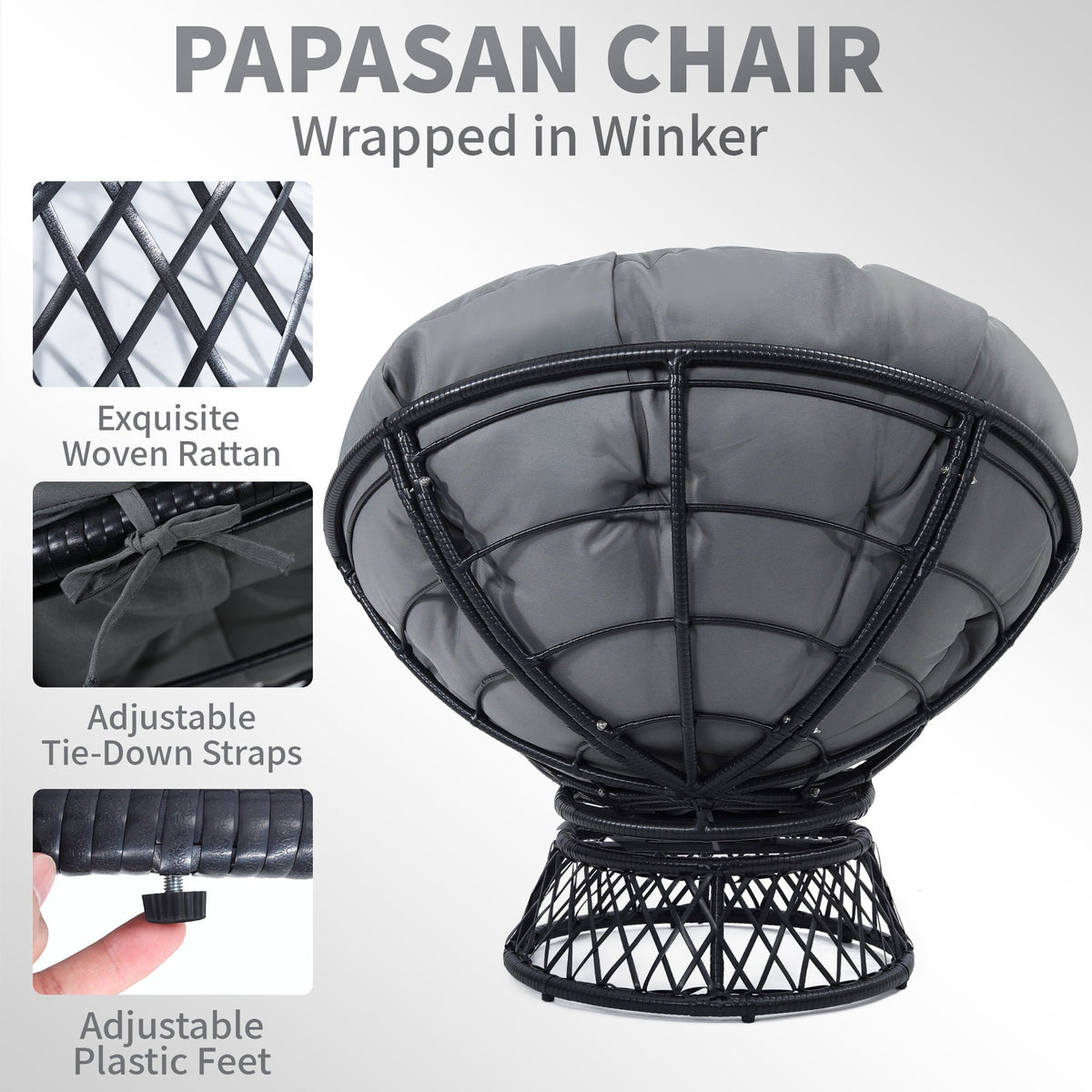 Melocadol Oversized 46" Papasan Chair, Fluid 360° Swivel with Cushion, Durable Frame for Indoor & Outdoor, Black Frame with Dark Grey Cushion