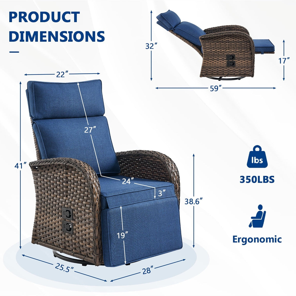 Bellefurn Outdoor Swivel Recliner Chairs,Patio Wicker Recliner Chairs Outdoor Lounge Chairs with Thickness Cushions,Adjustable Angle,Reclining Lounge Chair for Outdoor,Fire Pit,Pool,Garden
