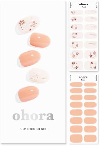ohora Semi Cured Gel Nail Strips (N Delicate) - White, Patterned, Works with Any UV/LED Lamps, Salon-Quality, Long Lasting, Easy to Apply & Remove - Includes 2 Prep Pads, Nail File & Wooden Stick