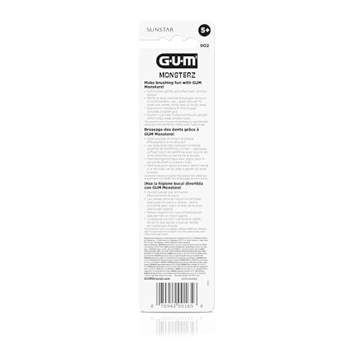 GUM Monsterz Jr Kids’ Toothbrush, Soft Bristled Children’s Toothbrush with Suction Cup, for Ages 5+, 2 Count(Pack of 6)