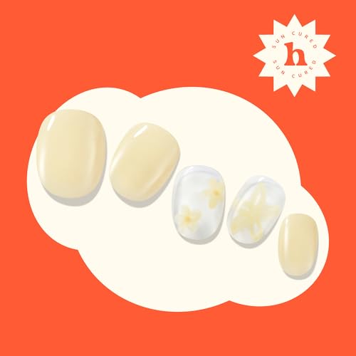 Semi Cured Gel Nail Strips | No LED Lamp Needed | Solid, Yellow, Spring |Easy Apply & Remove, Salon Quality|Includes 28 Strips, 1 Prep Pads, Nail File & Wooden stick- Hey, Let's Catch Some Rays