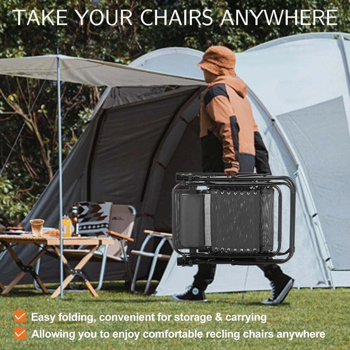 Atilioo Zero Gravity Chairs Set of 2, Adjustable Folding Recliner, Portable Lounge Chair with Steel Frame, Mesh Fabric, Cup Holder Trays & Pillow for Beach, Camping & Patio, Black