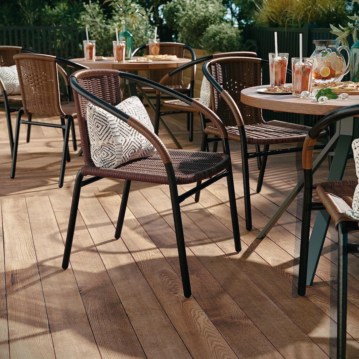 Jumpeak Lila Modern Rattan Indoor/Outdoor Stackable Dining Chairs, Stacking Rattan Bistro Chairs for Patio or Restaurant, Set of 4, Brown